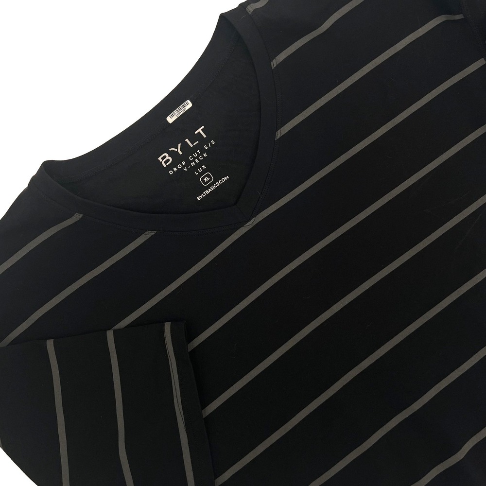 BYLT Men's Sz XL Black w/ Gray Striped Drop Cut V-Neck Lux Short-Sleeve T-Shirt